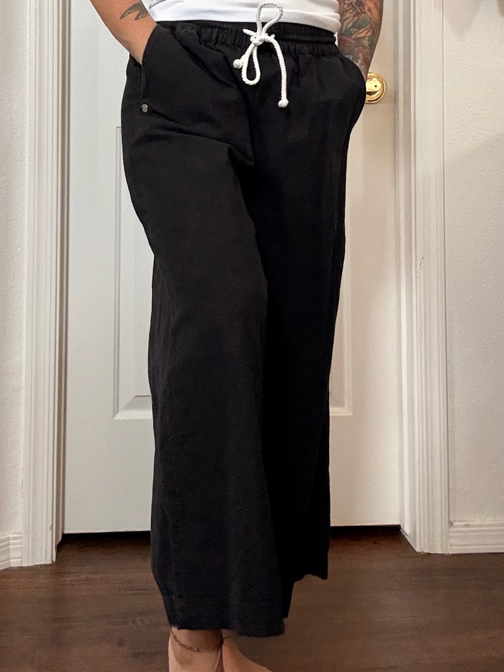 Black cotton Roxy Drawstring Casual Pants